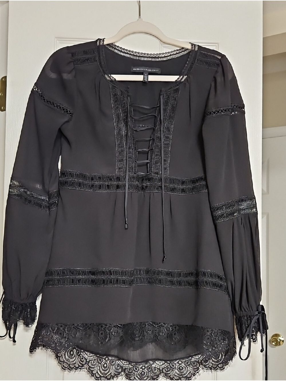 White House Black Market Black Crochet-Trim Top Size 0